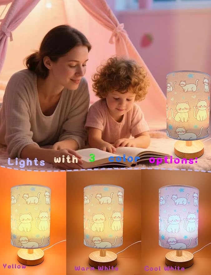 Cat Lamp, Kitty Night Light, 3 Color Changing LED Night Light with 9 Brightness Levels Wood Nightstand Desk Base Flaxen Fabric Shade for Bedroom Living Room (Pink Cat)
