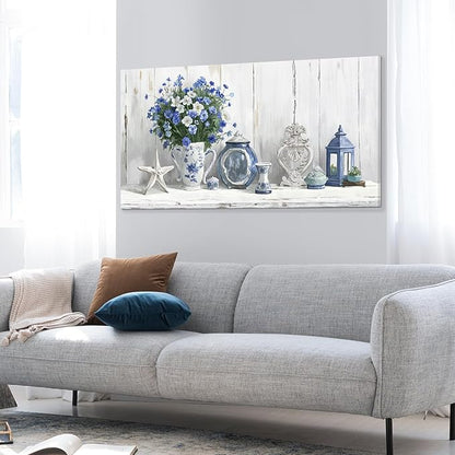 Nicetop Large Coastal Wall Art – Blue and White Floral Artwork, Rustic Farmhouse Canvas Prints with Flowers, Lantern and Ceramics Vintage Country Cottage Picture for Living Room Bedroom Kitchen 48x24 Inch