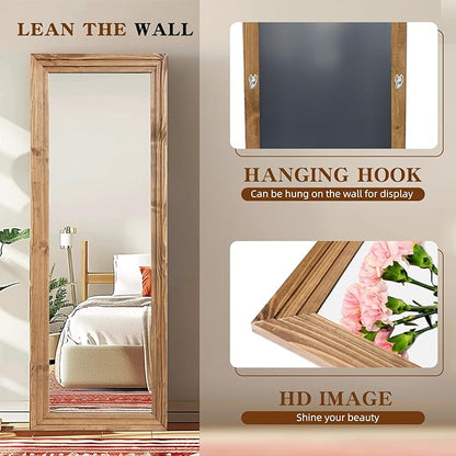 Full Length Mirror 65"x24" Solid Wood Frame Floor Large Mirror for Living Room, Bedroom Hanging or Leaning Wall-Mounted, Light Brown