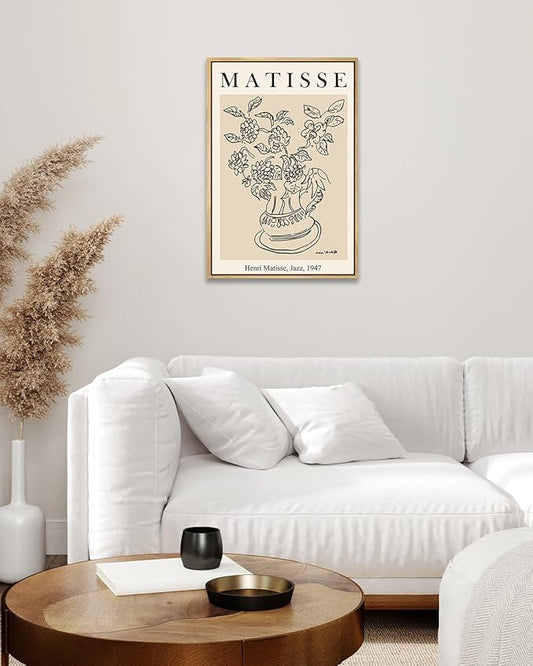 Zzuyi Henri Matisse Framed Wall Art,Flower Abstract Minimalist Black and Beige Vintage Canvas Painting,Boho Flower Art Prints-12''x16''Natural Framed