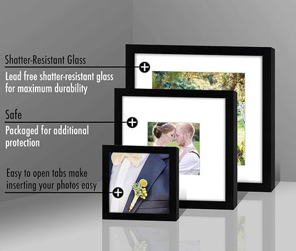 Americanflat Square Picture Frame Set in Black with Shatter Resistant Glass and Easel Stand - Various Dimensions - Pack of 8