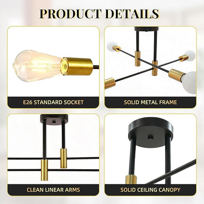 Modern Sputnik Chandelier Ceiling Light Fixtures, 4-Lights Mid Century Industrial Metal Semi Flush Mount for Dining Room, Bedroom, Living Room-Black and Gold