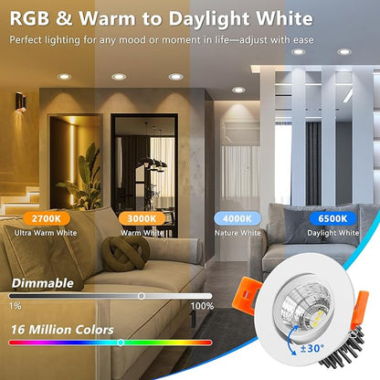 2 Inch Smart Recessed Lighting, WiFi 5W Recessed Light Compatible with Alexa and Google Home, Dimmable RGB & CCT 2700-6500K, 120V LED Downlight with LED Driver