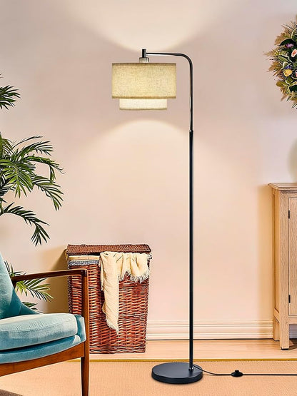64" Modern Floor Lamp for Living Room Bedroom, Floor Lamp with 3 Color Temperatures, Standing Lamp with Double Oatmeal Linen Lampshade, Tall Lamp with A19 12W LED Bulb, Foot Switch Control, Black
