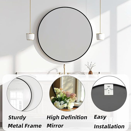 Black Round Mirror 18 inch, Black Circle Mirror, Round Wall Mirrors for Bathroom, Living Room, Hallway, Vanity, Over Sink, Mantel