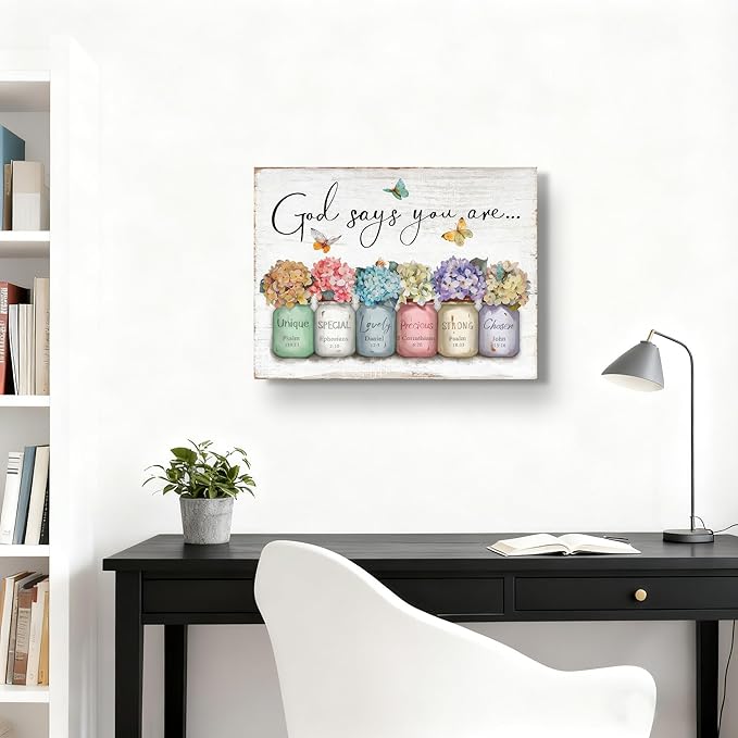 Inspirational Bible Verse Wall Art God Says You Are Sayings Wall Decort Christian Gift Quotes Painting scripture Pictures Print Flowers in Mason Jar Poster for Women Girls Bedroom(24x16 Canvas)