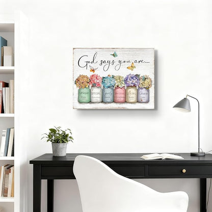 Inspirational Bible Verse Wall Art God Says You Are Sayings Wall Decort Christian Gift Quotes Painting scripture Pictures Print Flowers in Mason Jar Poster for Women Girls Bedroom(16x12 Canvas)