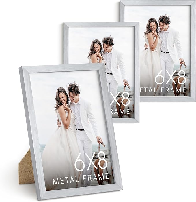 HAUS AND HUES 6x8 Silver Metal Picture Frames - Photo Frames 6x8 - Features Premium Aluminum, Vertical Hanging, Easel Back for Tabletop, Home, Office (6x8 in, Silver, Set of 3)