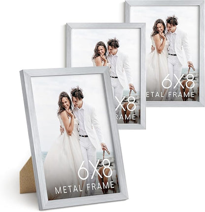 HAUS AND HUES 6x8 Silver Metal Picture Frames - Photo Frames 6x8 - Features Premium Aluminum, Vertical Hanging, Easel Back for Tabletop, Home, Office (6x8 in, Silver, Set of 3)