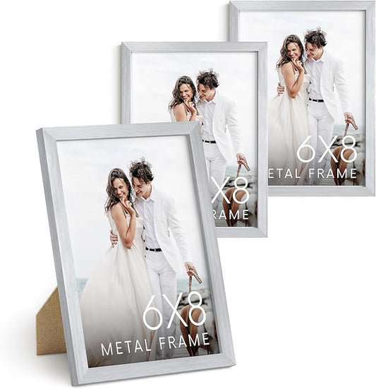 HAUS AND HUES 6x8 Silver Metal Picture Frames - Photo Frames 6x8 - Features Premium Aluminum, Vertical Hanging, Easel Back for Tabletop, Home, Office (6x8 in, Silver, Set of 3)