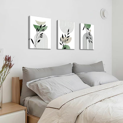 WENGTIAO 3Pcs Boho Sage Green Canvas Wall Art MInimalist Geometric Line Leaf Pictures Prints Paintings Abstract Mid Century Botanical Green Plant Artwork for Living Room Bedroom Bathroom 16x24x3