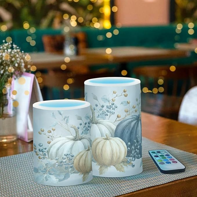 Thanksgiving Fall Autumn Pumpkin Blues Flickering Flameless Candles Battery Operated with Remote Timer,Tea Light Candles LED Pillar Votive Candles Set of 2 for Outdoor Indoor Decorations