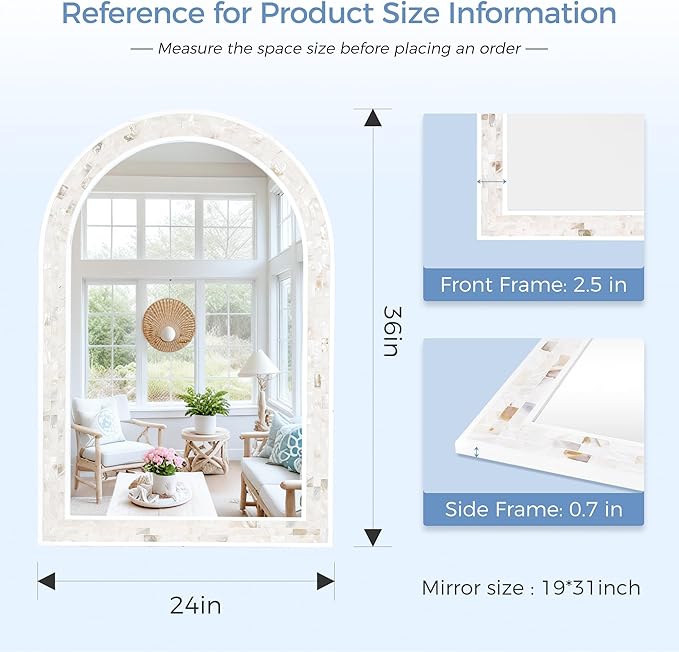 Tanmicoshomy White Arched Wall Mirror 24x36 Inch, Mosaic Shell Framed Bathroom Mirrors with Tempered Glass for Bathroom Living Room Bedroom or Entryway