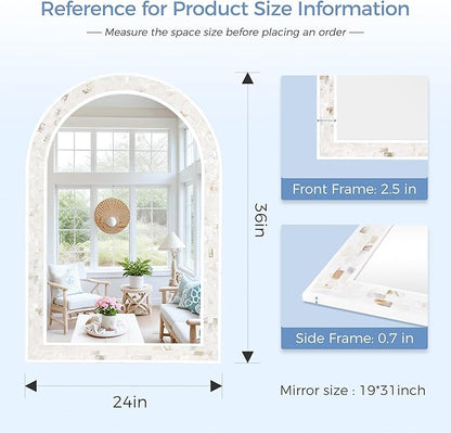 Tanmicoshomy White Arched Wall Mirror 24x36 Inch, Mosaic Shell Framed Bathroom Mirrors with Tempered Glass for Bathroom Living Room Bedroom or Entryway