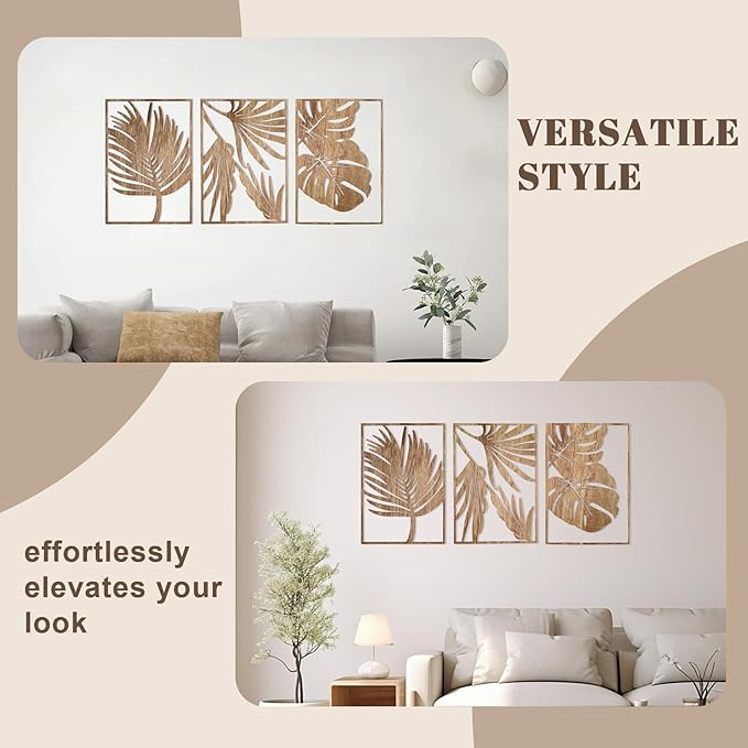 Jinzhenhong 3Pcs Modern Wooden Wall Sculptures, Leaf Sign Vintage Tropical Plant Wall, Wood Rustic Palm Leaf Wall Art Decor for Living Room Bathroom Bedroom Office (Leaf 1 Dark Brown)