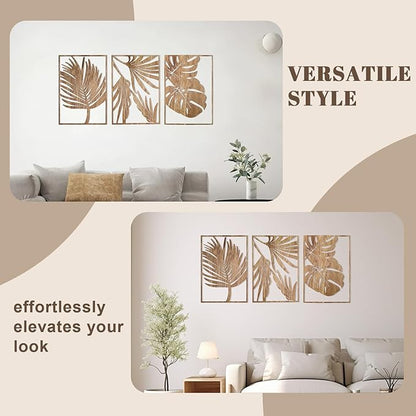 Jinzhenhong 3Pcs Modern Wooden Wall Sculptures, Leaf Sign Vintage Tropical Plant Wall, Wood Rustic Palm Leaf Wall Art Decor for Living Room Bathroom Bedroom Office (Leaf 1 Dark Brown)