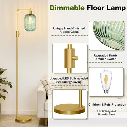 【Upgraded】 Dimmable Glass Floor Lamp for Living Room, Modern Gold Standing Lamp with Green Ribbed Glass Lampshade & Knob Dimmer, Arc Tall Lamp for Bedroom Office Reading Room, 2700K Led Bulb Included