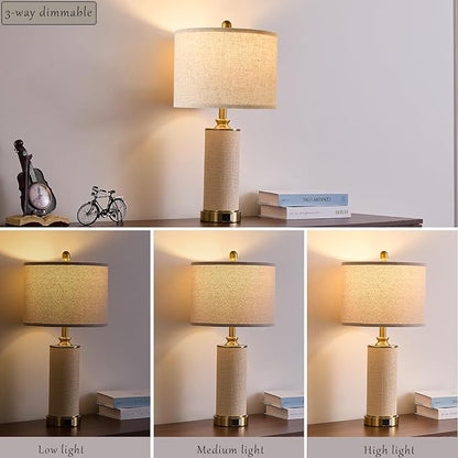 25.5"Boho Weaving Gold Large Table Lamps set of 2, Touch Control 3-Way Dimmable Farmhouse Bedside Lamps with Beige Lamp Shades & USB A+C Charging Ports for Living Room/Bedroom (2 LED Bulbs Included)