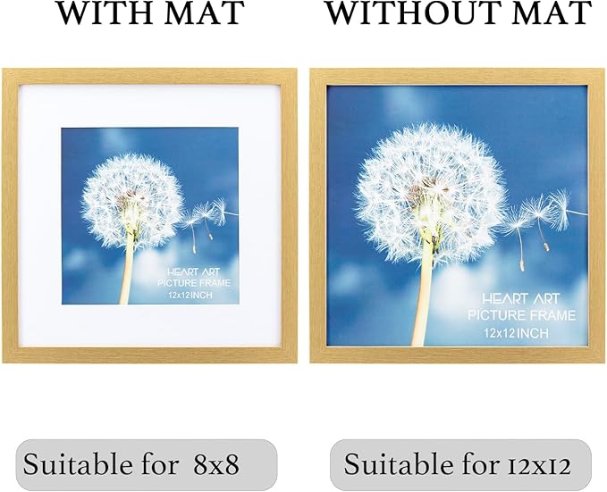 HEART ART 12x12 Gold Picture Frame Set of 9, Display Pictures 8x8 with Mat or 12 x 12 without Mat, Multi Collage Gallery Square Gold Photo Frames for Wall