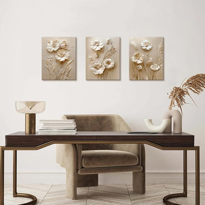 WENGTIAO 3Pcs Beige Flower Canvas Wall Art Prints Neutral Floral Plant Wall Painting Minimalist Botanical Blossom Poster Picture Vintage Artwork Home Decor for Living Room Bedroom Office 12”x16”x3Pcs