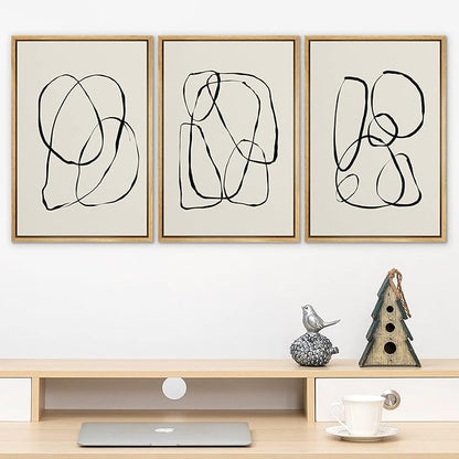 SIGNLEADER Framed Canvas Print Wall Art Set Duotone Geometric Spiral Ring Circle Collage Abstract Shapes Illustrations Modern Art Boho Decorative for Living Room, Bedroom, Office - 16"x24"x3 NATURAL