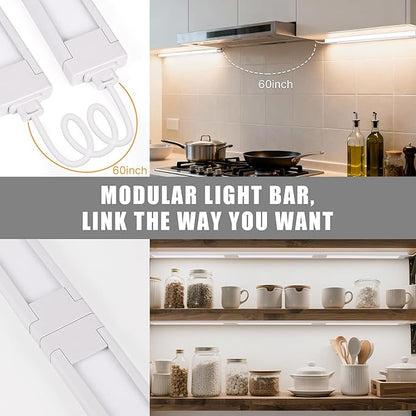 6 Pcs 14inch Plug in Under Cabinet Lighting for Kitchen, 6500k Bright White Linkable LED Under Counter Wired Lights for Shelf/Bookshelf/Workbench/Over Sink
