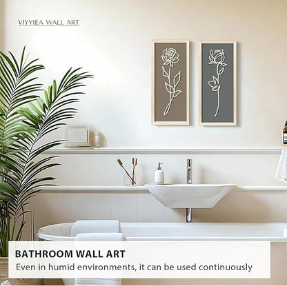 VIYYIEA Wooden 3d Floral Bathroom Wall Decor, Ready-to-Hang Framed Wall Art For Living Room, Bedroom and Office, Boho Botanical Farmhouse Decoration, Lightweight but Valuable Gift (7x16 In, set of 2)