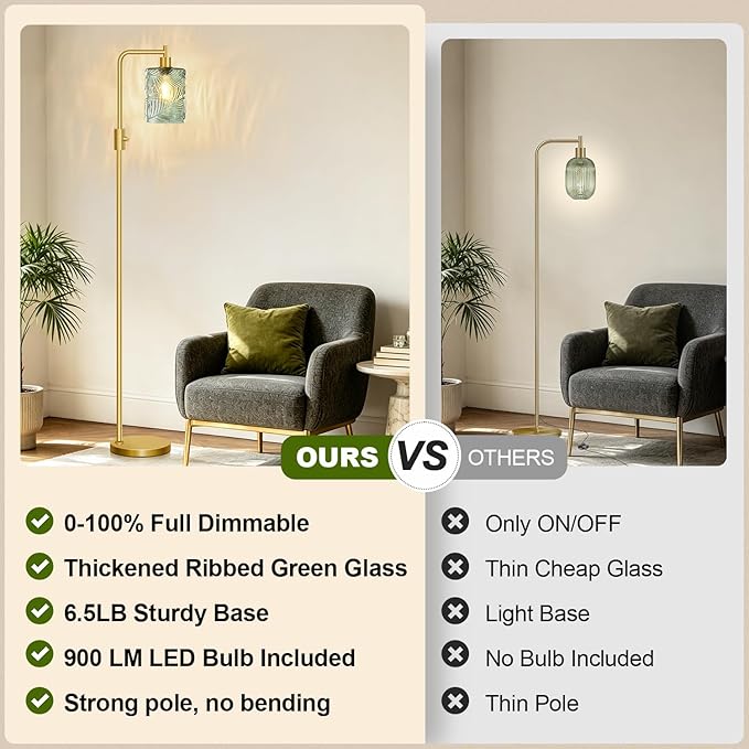 【Upgraded】 Dimmable Glass Floor Lamp for Living Room, Modern Gold Standing Lamp with Green Feather Glass Lampshade & Knob Dimmer, Arc Tall Lamp for Bedroom Office Reading Room, 2700K Led Bulb Included