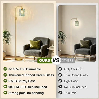 【Upgraded】 Dimmable Glass Floor Lamp for Living Room, Modern Gold Standing Lamp with Green Feather Glass Lampshade & Knob Dimmer, Arc Tall Lamp for Bedroom Office Reading Room, 2700K Led Bulb Included