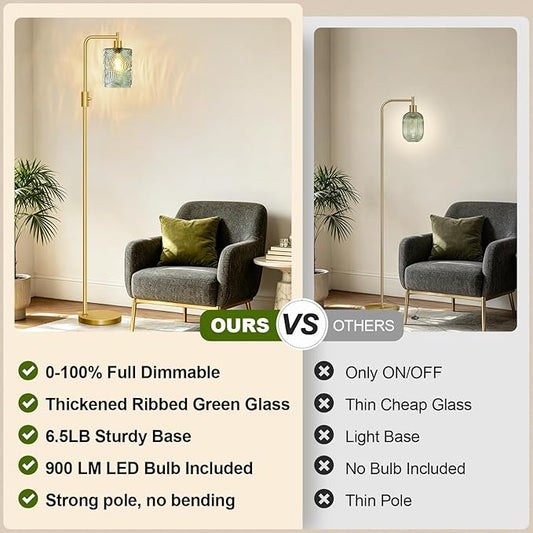 【Upgraded】 Dimmable Glass Floor Lamp for Living Room, Modern Gold Standing Lamp with Green Feather Glass Lampshade & Knob Dimmer, Arc Tall Lamp for Bedroom Office Reading Room, 2700K Led Bulb Included