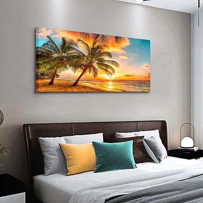 EPHANY Golden Ocean Beach Palm Wall Art Art - 1 Piece Canvas Wall Art Sunset See Tree Landscape Canvas Paintings Posters Print on Canvas Stretched and Framed Ready To Hang (F-1pcs,20x40inchx1pcs)