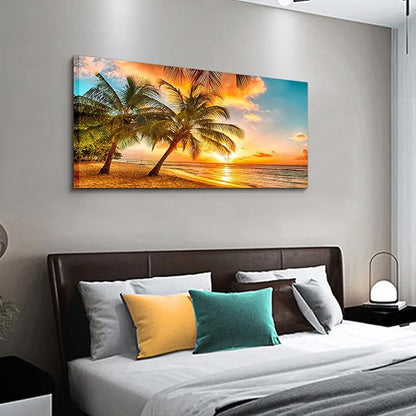 EPHANY Golden Ocean Beach Palm Wall Art Art - 1 Piece Canvas Wall Art Sunset See Tree Landscape Canvas Paintings Posters Print on Canvas Stretched and Framed Ready To Hang (F-1pcs,20x40inchx1pcs)