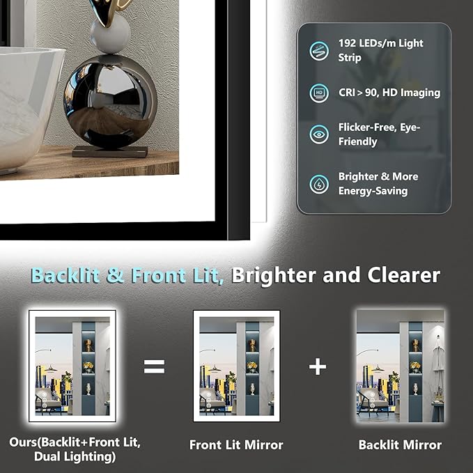 28x36 Black Framed LED Bathroom Mirror with Lights, Backlit and Front Lit Anti-Fog Lighted Vanity Mirrors for Bathroom Wall, Dimmable, 3 Colors, Memory, HD Tempered Glass, Horizontal/Vertical