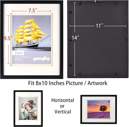 Yaetm 11x14 Double Floating Mat Picture Frame Set of 4, Display Picture 8x10 with White Double Mat, Polished High Definition Real Glass, Wall Mounting Photo Frames, Black/White, 4 Pack