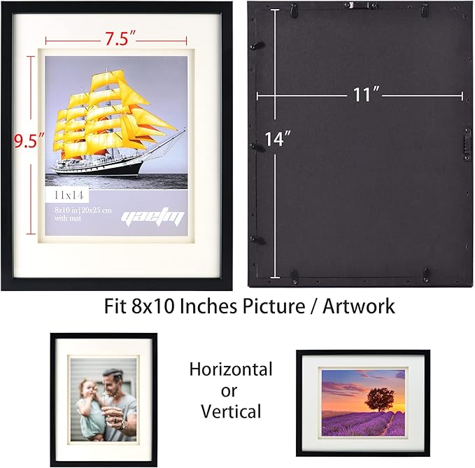 Yaetm 11x14 Double Floating Mat Picture Frame Set of 2, Display Picture 8x10 with Ivory Double Mat, Polished High Definition Real Glass, Wall Mounting Photo Frames, Black/White
