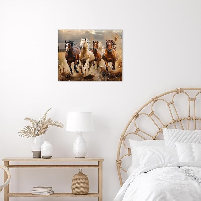 LB Vintage Horse Canvas Wall Art Brown White Horse Animal Wall Decor Running Horses Prints Wall Decoration for Living Room Bedroom Home Office Framed Ready to Hang 12L x 16W
