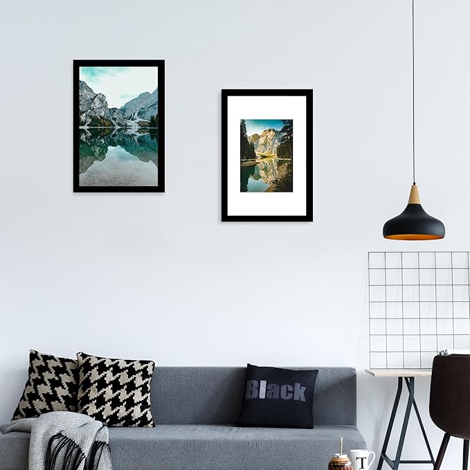 iRahmen 12x18 Picture Frame Set of 2 with Plexiglass, Black Poster Frame Display 8x11 Picture with Mat or 12 x 18 Without Mat, Wood Photo Frame for Horizontal or Vertical Wall Mounting
