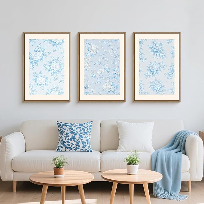 HPNIUB Blue and White Chinoiserie Floral Framed Wall Art Set,Classic Minimalist Wall Decor,Elegant Flowers Art Print,Watercolor Botanical Wildflower Artwork for Living Room, Bedroom,Office-24''x36''x3