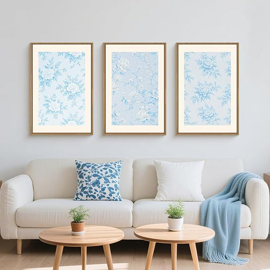 HPNIUB Blue and White Chinoiserie Floral Framed Wall Art Set,Classic Minimalist Wall Decor,Elegant Flowers Art Print,Watercolor Botanical Wildflower Artwork for Living Room, Bedroom,Office-24''x36''x3