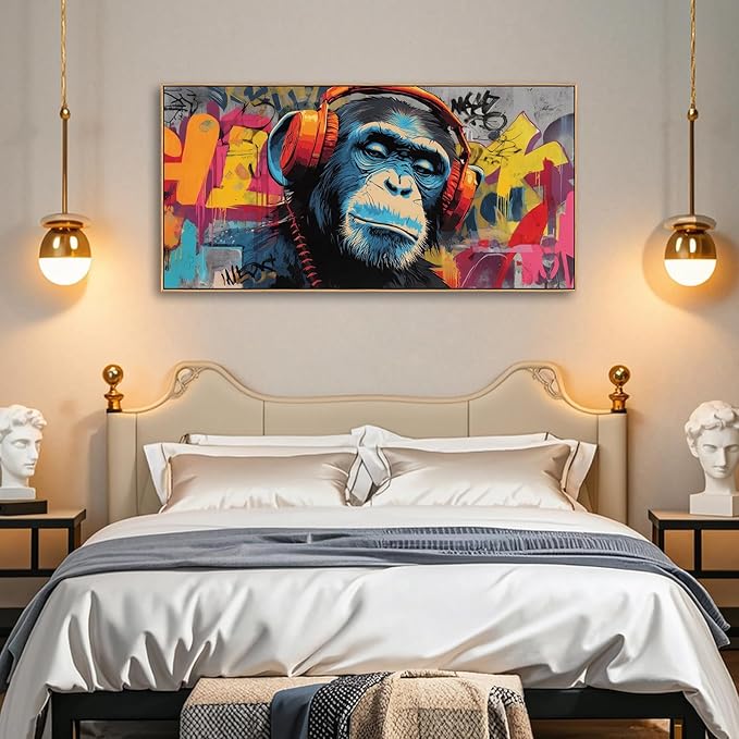 Sorbrozo DJ Gorilla with Headphones - Vibrant Street Graffiti Canvas Wall Art Colorful Animal Painting for Boys Room Music Themed Home Decor 20x40in