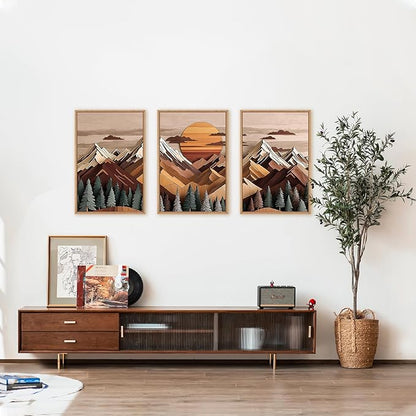 KAIRNE Woodcut Style Mountain Framed Canvas Wall Art Set,Wooden Pine Tree Wall Decor,Vintage Forest Landscape Art Prints,Nature Sunrise Artwork for Living Room,Bedroom,Farmhouse,Office-16 x24 x3