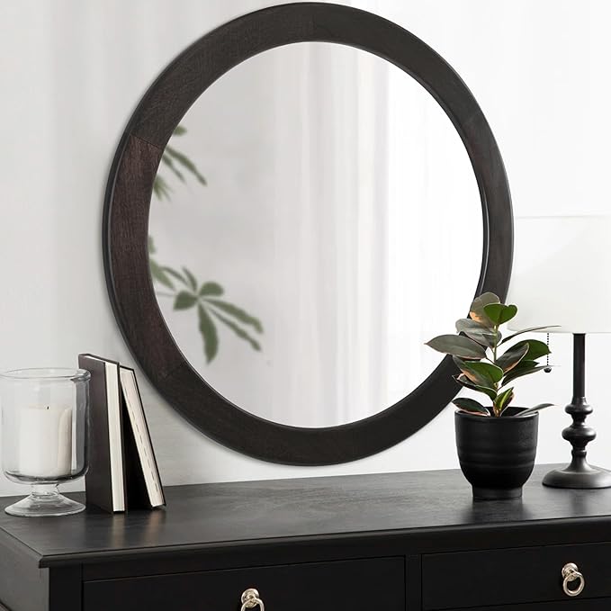 CULER Round Mirrors 30 Inch,Wood Vanity Wall Rustic Mirror with Wood Frame, Wooden Circle Mirror for Bathroom Bedroom Living Room Or Entryway(Dark Walnut Brown)