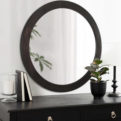 CULER Round Mirrors 30 Inch,Wood Vanity Wall Rustic Mirror with Wood Frame, Wooden Circle Mirror for Bathroom Bedroom Living Room Or Entryway(Dark Walnut Brown)