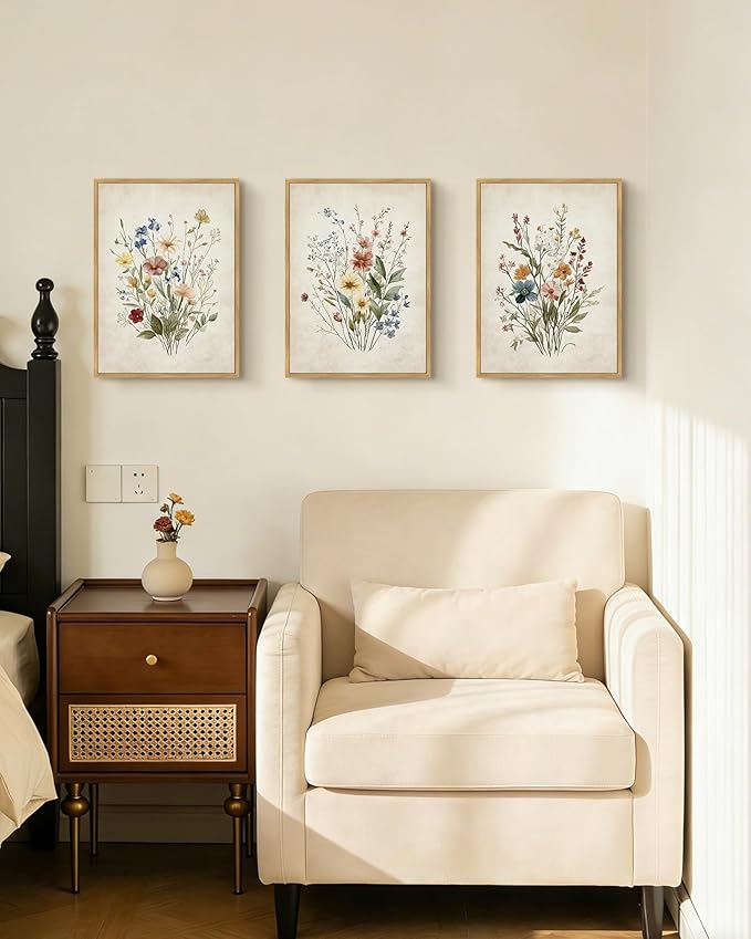 Drsoum Vintage Flower Bouquet Framed Retro Wildflower Botanical Pictures Prints Modern Colorful Floral Rustic Artwork Bedroom Living Room Ready to Hang 11x14in Natural Framed