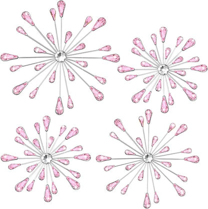 Hicarer 4 Pcs Starburst Wall Decor Bling Wall Art Crystal Teardrop 3D Hanging Rhinestone Radial Metal Artwork Modern Accent Sculptures Decorations for Living Room Home Office Bedroom(Pink)
