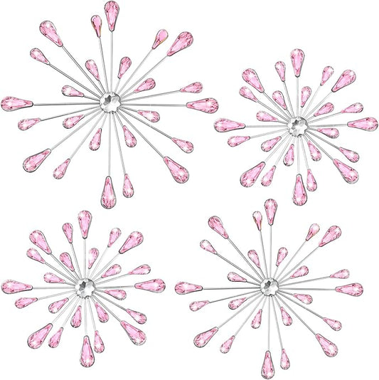Hicarer 4 Pcs Starburst Wall Decor Bling Wall Art Crystal Teardrop 3D Hanging Rhinestone Radial Metal Artwork Modern Accent Sculptures Decorations for Living Room Home Office Bedroom(Pink)
