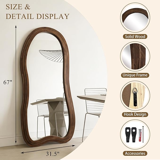 Large Irregular Floor Mirror, 67"x31.5" Organic Floor Mirrors with Triple Layer Solid Wood Frame, Premium Asymmetrical Full Body Mirror for Living Room Entryway Bedroom, Leaning/Hanging