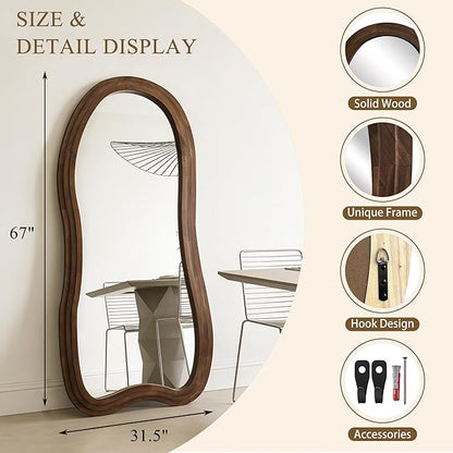 Large Irregular Floor Mirror, 67"x31.5" Organic Floor Mirrors with Triple Layer Solid Wood Frame, Premium Asymmetrical Full Body Mirror for Living Room Entryway Bedroom, Leaning/Hanging