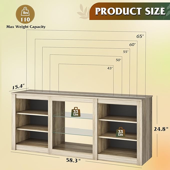 WLIVE Modern TV Stand for 65 Inch TV, Entertainment Center with Adjustable Open Shelves & RGB LED Lights, Sturdy Media Console for Living Room, Bedroom,Gaming(Gray Oak)