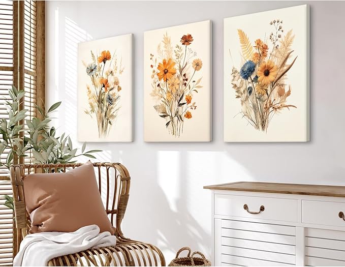 Botanical Floral Wall Art Set of 3 Vintage Wildflower Canvas Wall Decor Watercolor Rustic Farmhouse Wall Art Aesthetic Botanical Pictures Vintage Floral Prints for Bedroom 24x36 Inch Ready to Hang